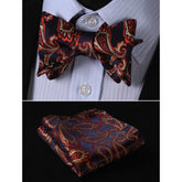 Black & Orange Paisley Mens Silk Self tie Bow Tie with Pocket Squares Set - Amedeo Exclusive